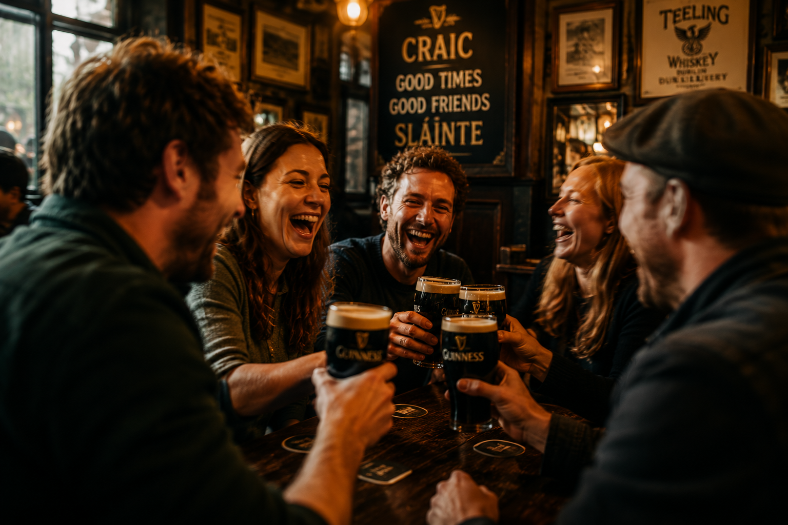Friends laughing in a pub